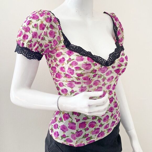 Urban Outfitters Kimchi Blue Blake Rose Floral Print Mesh Top w Black Lace Trim - Picture 5 of 9